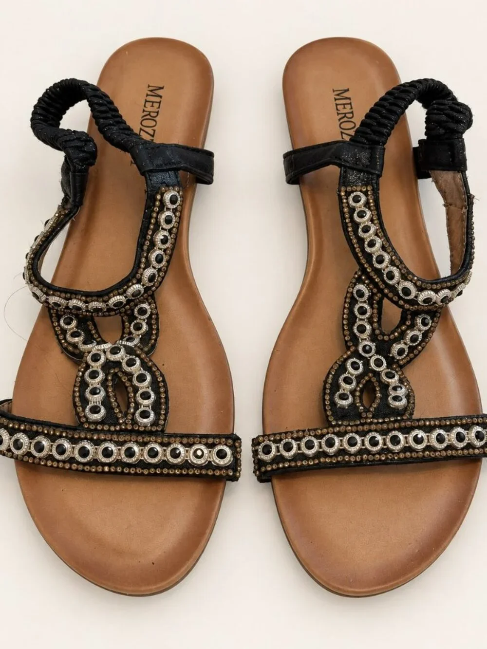 Merozzi Black Metallic Embellished Strappy Flat Sandals
